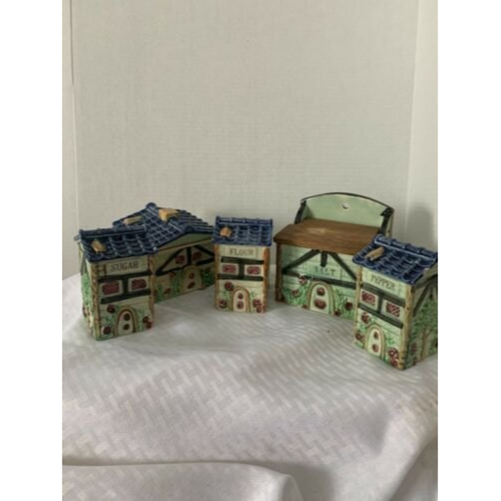 RARE Vintage Japanese ~ Green Majolica ~ Salt Box W/lid Sugar Flour pepper